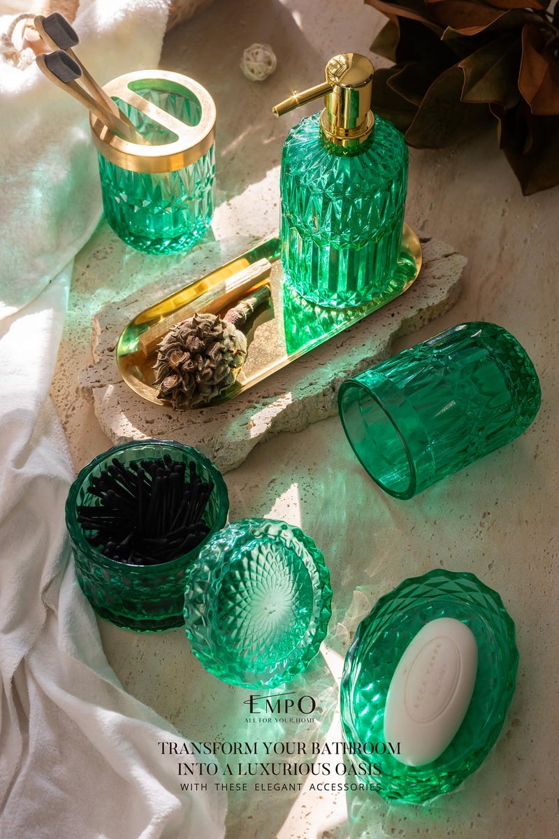 EMPO 6PCS Bathroom Clear Glass Accessories Set (Lotion Soap Dispenser  Soap Dish  Toothbrush Holder  Tumbler  Cotton Swab Jar)  Contemporary Modern Decor Crystal Vintage Gift (6pcs Vintage Jade) - Image 2